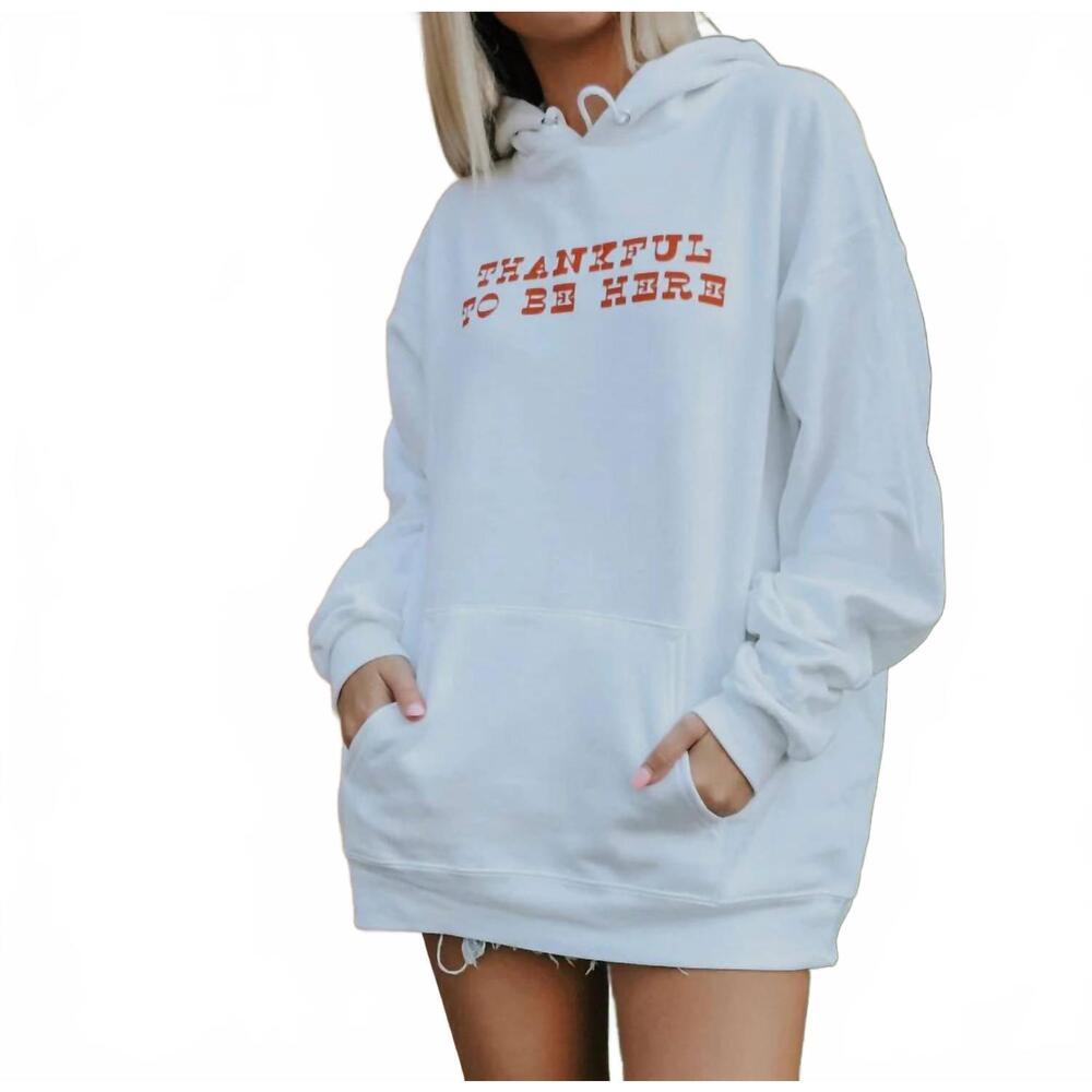 NEW FRIDAY + SATURDAY thankful to be here graphic hoodie in white